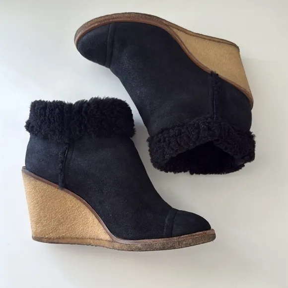 Women's Black Shearling Wedge Ankle Boots