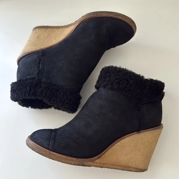 Women's Black Shearling Wedge Ankle Boots