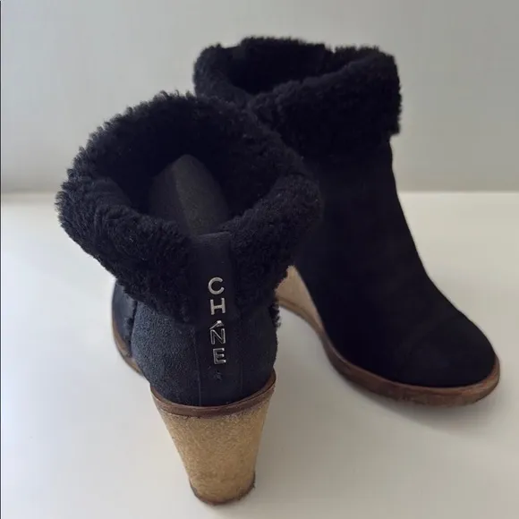 Women's Black Shearling Wedge Ankle Boots