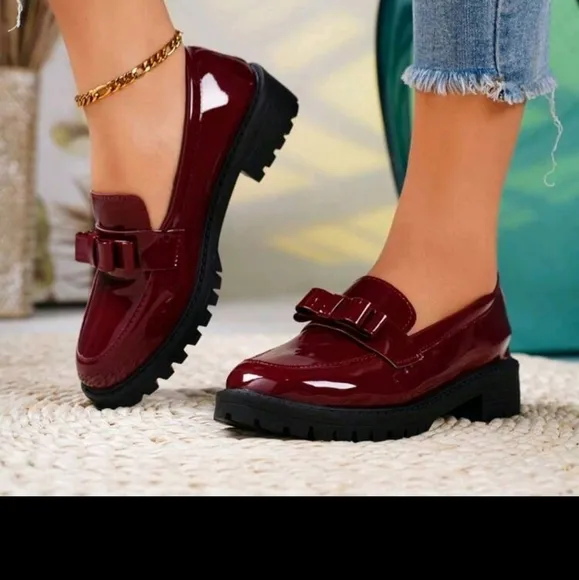 Women's British Style Leather Loafers With Bow Knot Design, Slip-On Chunky Heel