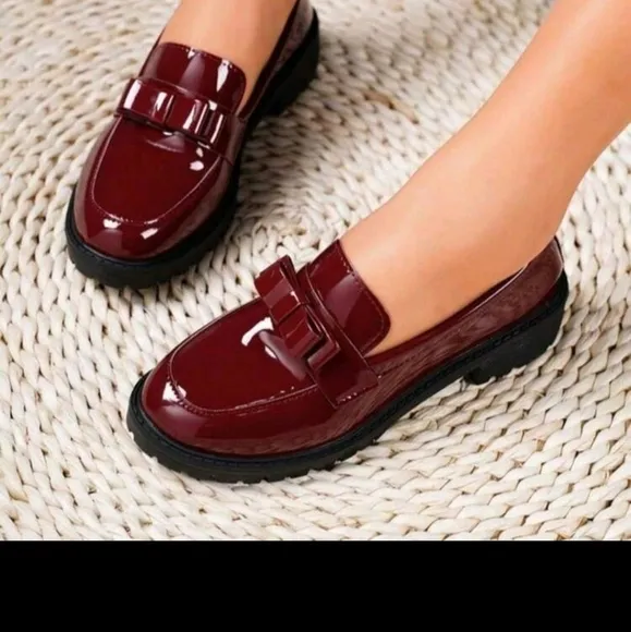 Women's British Style Leather Loafers With Bow Knot Design, Slip-On Chunky Heel