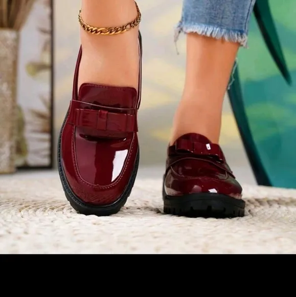 Women's British Style Leather Loafers With Bow Knot Design, Slip-On Chunky Heel