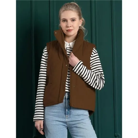 Women's Corduroy Puffer Vest Stand Collar Zip Snap Button Sleeveless Waistcoat