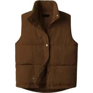 Women's Corduroy Puffer Vest Stand Collar Zip Snap Button Sleeveless Waistcoat