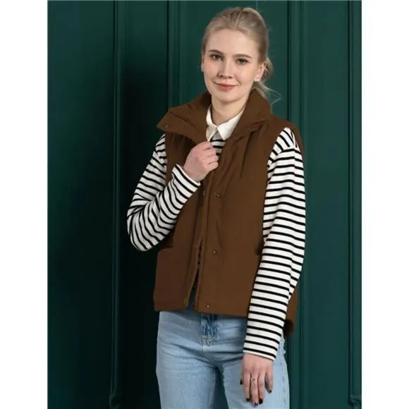Women's Corduroy Puffer Vest Stand Collar Zip Snap Button Sleeveless Waistcoat