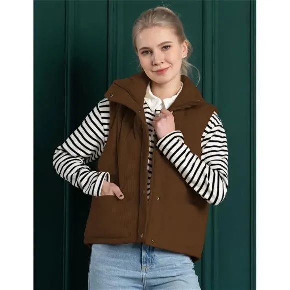 Women's Corduroy Puffer Vest Stand Collar Zip Snap Button Sleeveless Waistcoat