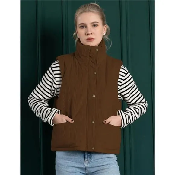 Women's Corduroy Puffer Vest Stand Collar Zip Snap Button Sleeveless Waistcoat