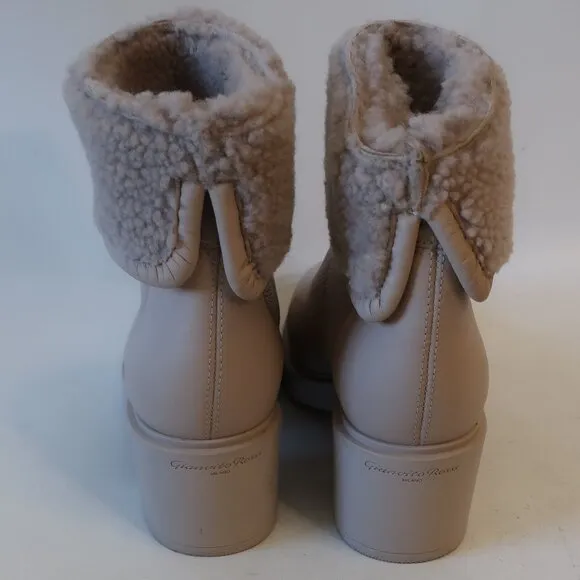 Womens Gianvito Rossi Mousse Neutral Shearling-Trim Leather Ankle Boots 38 US/8