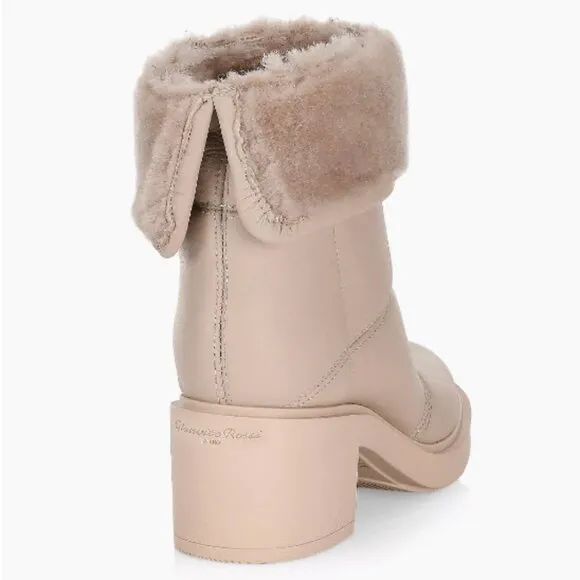 Womens Gianvito Rossi Mousse Neutral Shearling-Trim Leather Ankle Boots 38 US/8