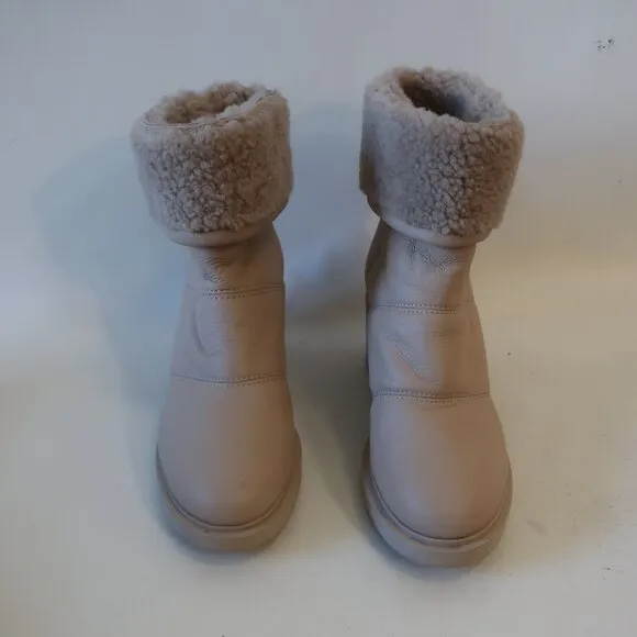 Womens Gianvito Rossi Mousse Neutral Shearling-Trim Leather Ankle Boots 38 US/8