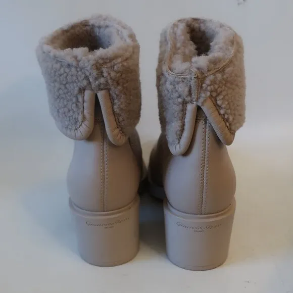 Womens Gianvito Rossi Mousse Neutral Shearling-Trim Leather Ankle Boots 38 US/8