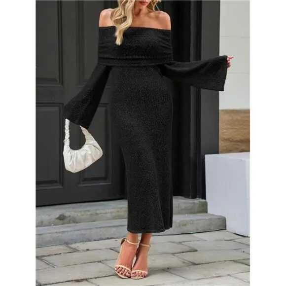 Womens Off Shoulder Maxi Dress Black