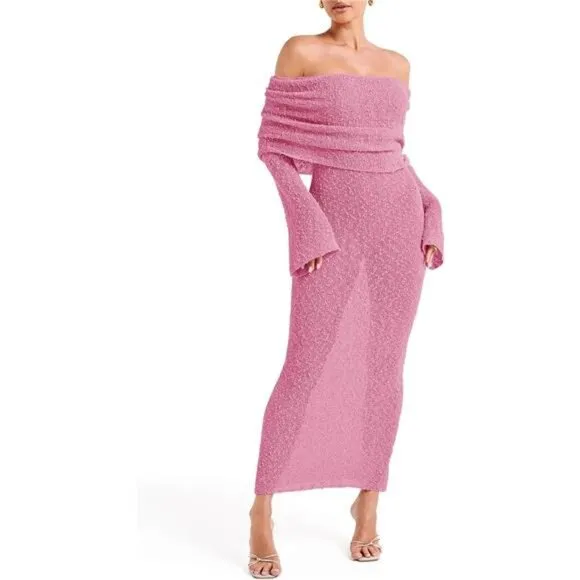 Womens Off Shoulder Maxi Dress pink