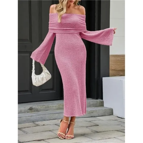 Womens Off Shoulder Maxi Dress pink