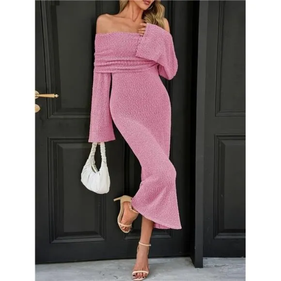 Womens Off Shoulder Maxi Dress pink