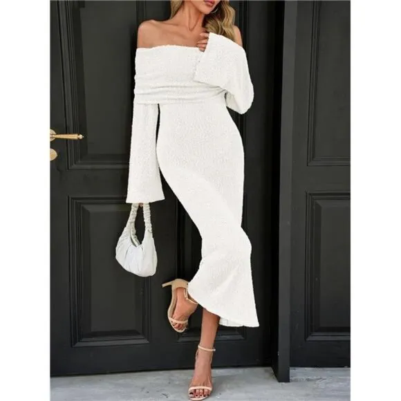 Womens Off Shoulder Maxi Dress White