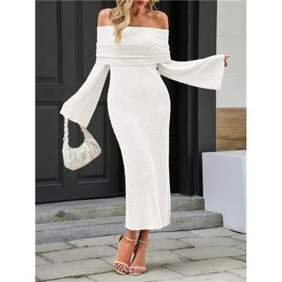 Womens Off Shoulder Maxi Dress White
