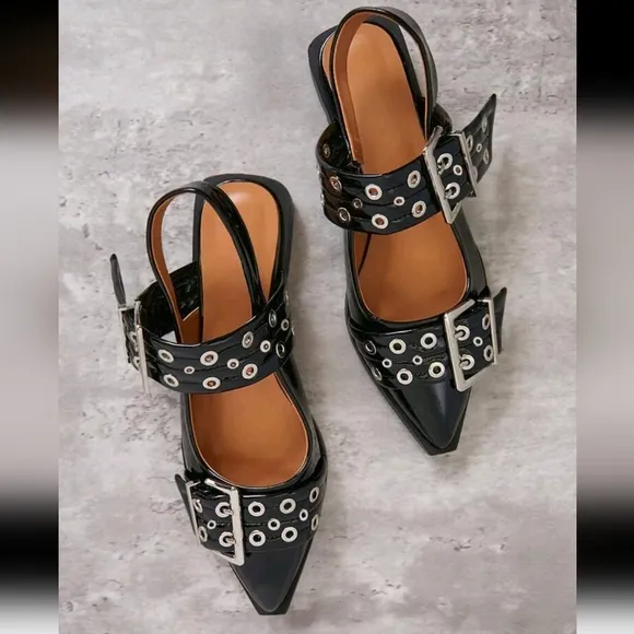 Women's Oversized Buckle Chunky Grommet Snip Toe Slingback Pat Black Flats