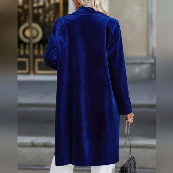 Women's Solid Color Lapel Collar Long Sleeve Elegant Velvet Long Jacket For Fall