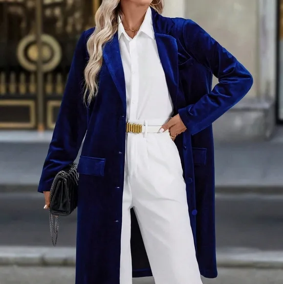 Women's Solid Color Lapel Collar Long Sleeve Elegant Velvet Long Jacket For Fall