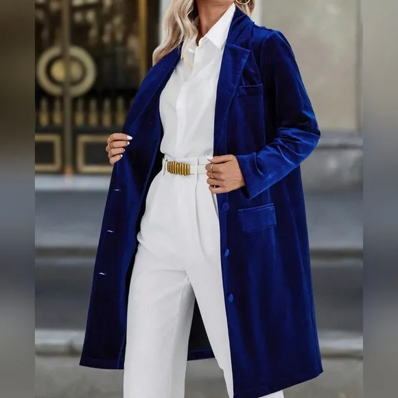 Women's Solid Color Lapel Collar Long Sleeve Elegant Velvet Long Jacket For Fall