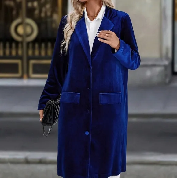 Women's Solid Color Lapel Collar Long Sleeve Elegant Velvet Long Jacket For Fall