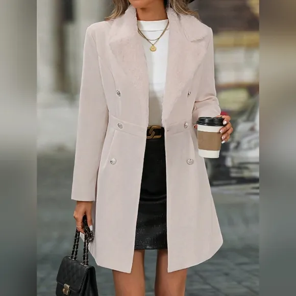 Women's Solid Color Patchwork Fluffy Collar Double-Breasted Long