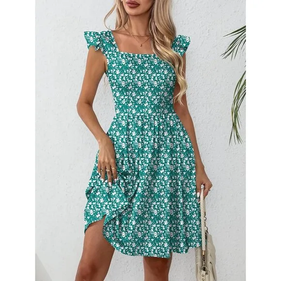 Women's Summer Dresses Casual Square Neck-Green Floral
