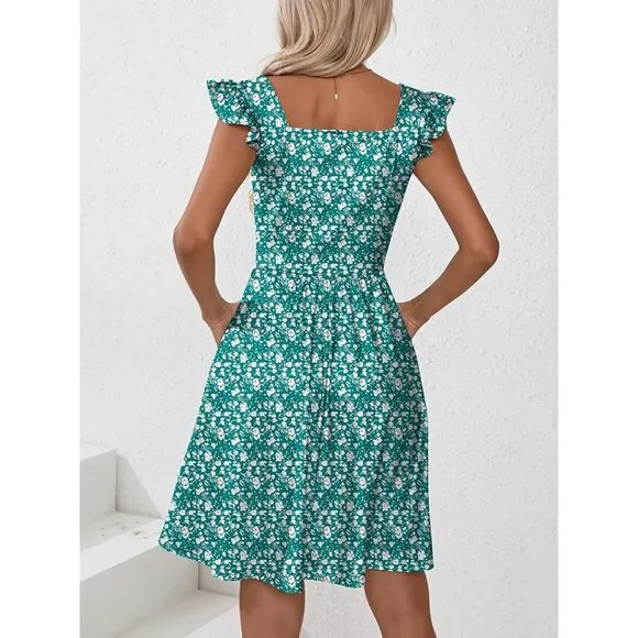 Women's Summer Dresses Casual Square Neck-Green Floral