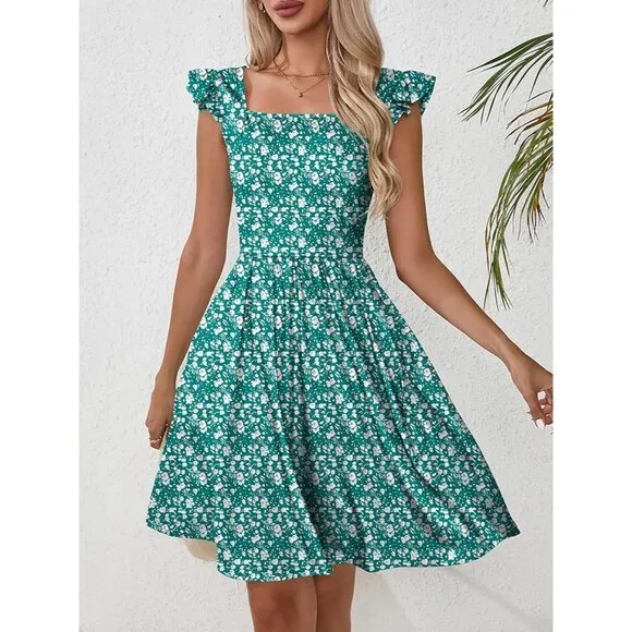 Women's Summer Dresses Casual Square Neck-Green Floral