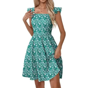 Women's Summer Dresses Casual Square Neck-Green Floral