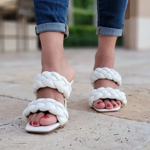 Women's White Double Braided Square Toe Mule Sandal