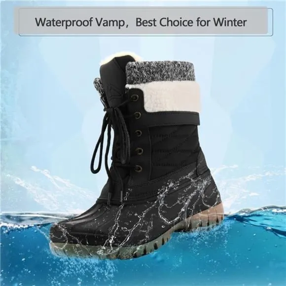 Women's Winter Snow Boots Waterproof Insulated Mid-Calf Booties, Black