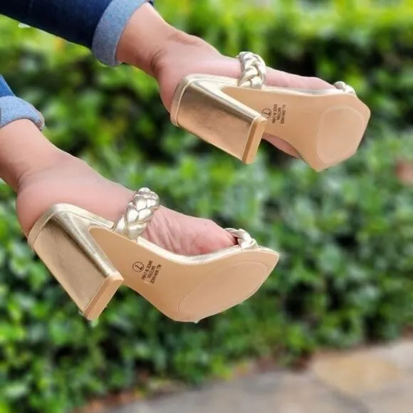 Women's Gold Double Braided Square Toe Mule Heel Sandal