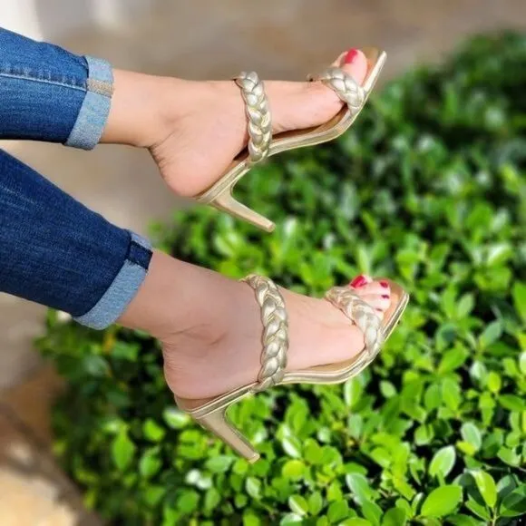 Women's Gold Double Braided Square Toe Mule Heel Sandal