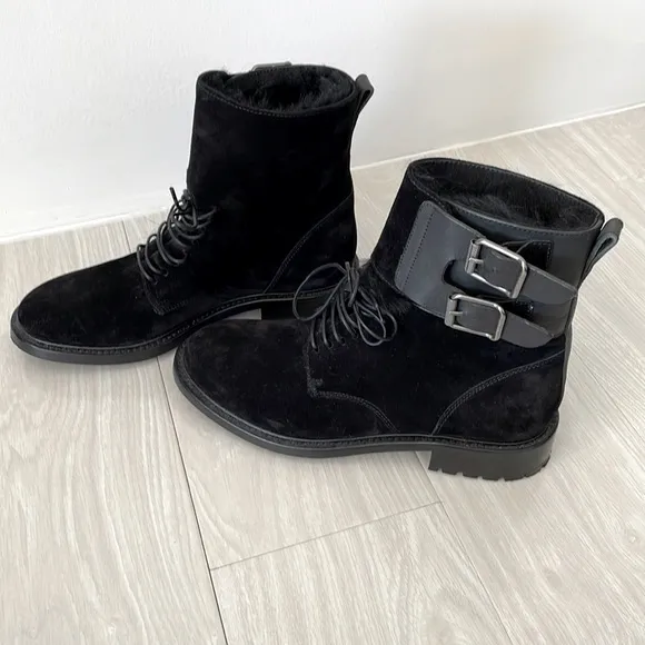 Worn Once! Belstaff Black Shearling Lined Suede and Leather Boots