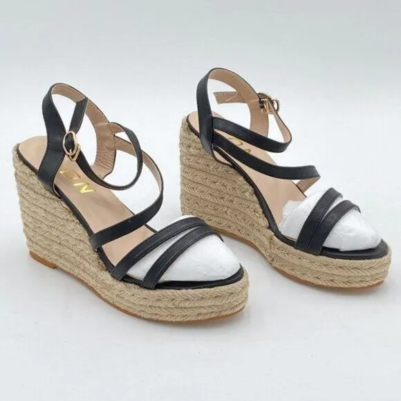 YDN Black Platform Wedge Espadrilles Sandals Open Toe Ankle Strap High Heel Shoe