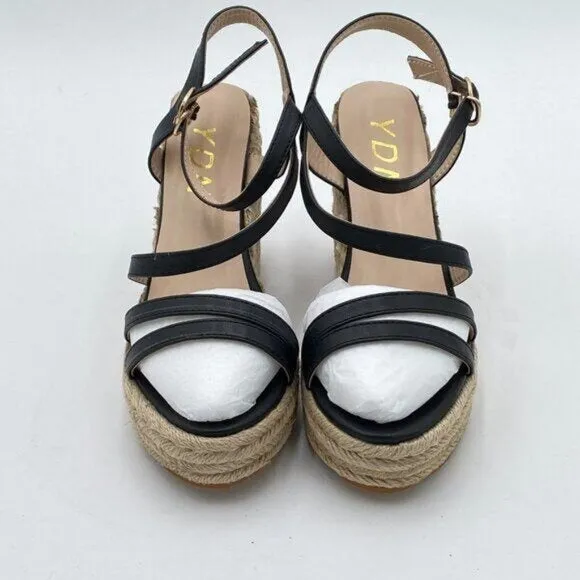 YDN Black Platform Wedge Espadrilles Sandals Open Toe Ankle Strap High Heel Shoe