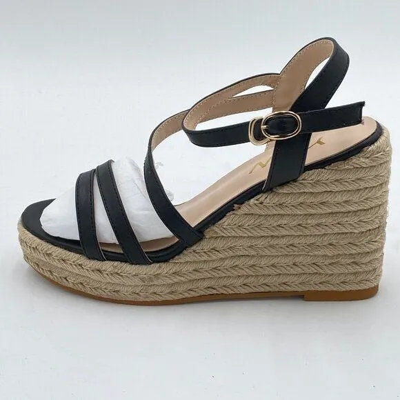 YDN Black Platform Wedge Espadrilles Sandals Open Toe Ankle Strap High Heel Shoe