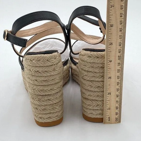 YDN Black Platform Wedge Espadrilles Sandals Open Toe Ankle Strap High Heel Shoe
