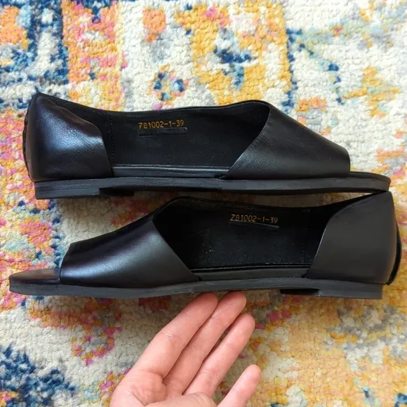 Yuko Imanishi Genuine Leather Open Toe Cutaway D'Orsay Slip On Flats Black 39