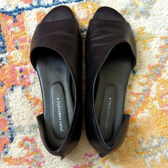 Yuko Imanishi Genuine Leather Open Toe Cutaway D'Orsay Slip On Flats Black 39