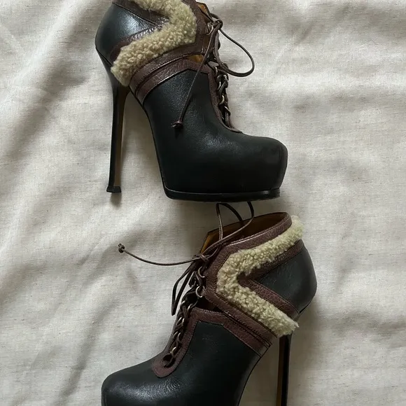 Yves Saint Laurent Black and Brown Stiletto Boots with Shearling Trim EU 37.5