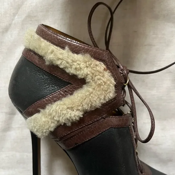Yves Saint Laurent Black and Brown Stiletto Boots with Shearling Trim EU 37.5