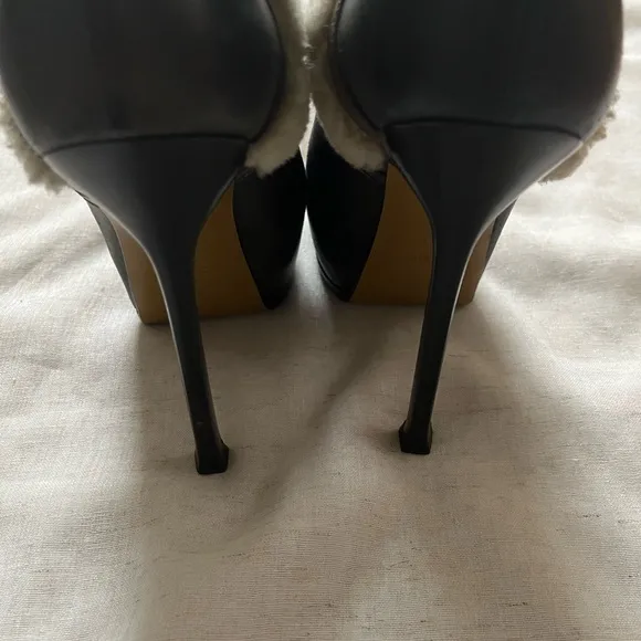 Yves Saint Laurent Black and Brown Stiletto Boots with Shearling Trim EU 37.5