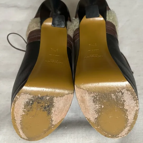 Yves Saint Laurent Black and Brown Stiletto Boots with Shearling Trim EU 37.5