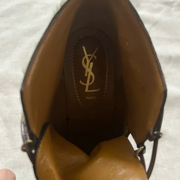 Yves Saint Laurent Black and Brown Stiletto Boots with Shearling Trim EU 37.5