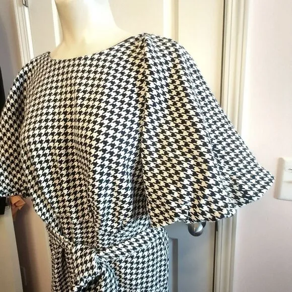 Zara Belted Houndstooth Midi Dress Pouf Sleeves L Academia Preppy Old Money