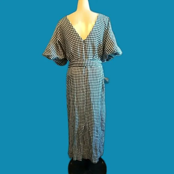 Zara Belted Houndstooth Midi Dress Pouf Sleeves L Academia Preppy Old Money