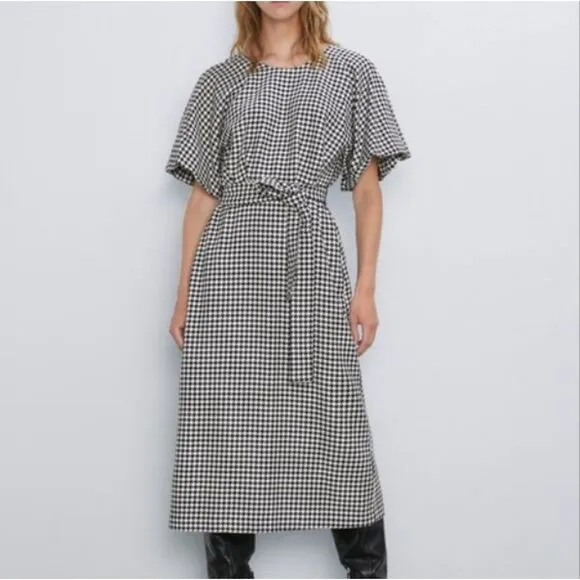 Zara Belted Houndstooth Midi Dress Pouf Sleeves L Academia Preppy Old Money